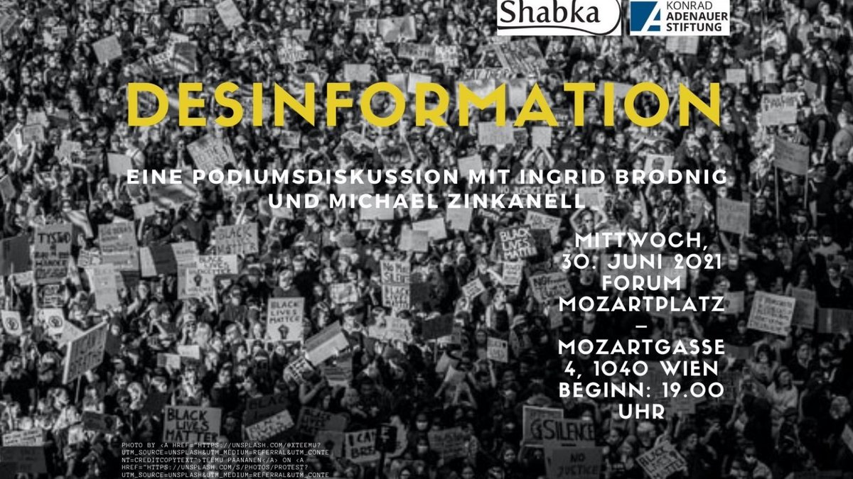 📢 Diesen Mittwoch diskutiere ich mit <a href="/brodnig/">Ingrid Brodnig</a> zum Thema #Desinformation - organisiert von <a href="/shabka_infonet/">Shabka</a> &amp; <a href="/KASonline/">Adenauer-Stiftung</a> Wien, moderiert von <a href="/ElisabethBaue20/">Elisabeth Bauer</a> 

📅 30.06. | 19:00
🗺 Forum Mozartplatz Wien 

Ich freue mich auf den interessanten Austausch!