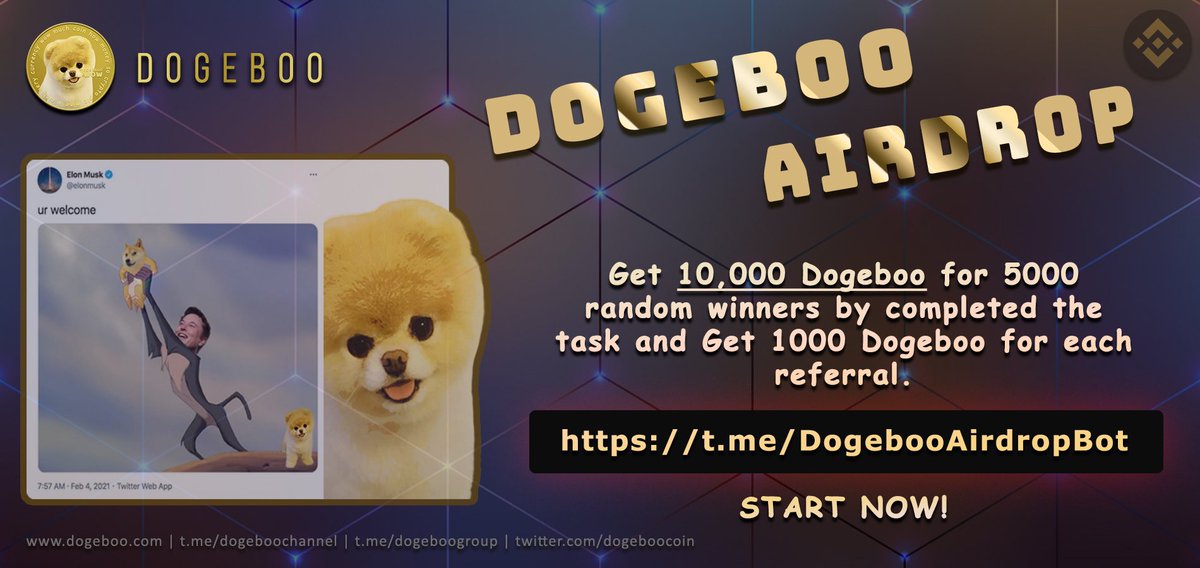 DOGEBOO AIRDROP IS LIVE ‼️

🐶 Get your chance to have 10,000 $DOGEBOO and 1000 $DOGEBOO for every referral you have

✅ Airdrops will be given to only 5k lucky participants who have completed the Task via this Telegram Bot: t.me/DogebooAirdrop… 

#DOGEBOO #dogecoin #airdrops