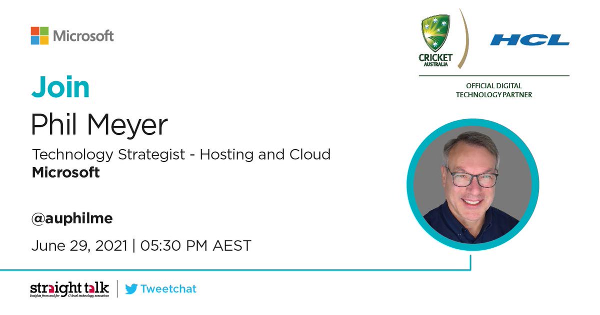 HCLTechInsights's tweet photo. Join Phil @auphilme, Technology Strategist - Hosting &amp; Cloud, @Microsoft for our #Tweetchat on 29th June at 05:30 PM AEST from @CIOStraightTalk for his #STinsights on “How is technology changing cricket?”. Click https://t.co/NtundlxFKs to save the date. #OneHCL #InspiredByHCL https://t.co/nolARx7Pw5