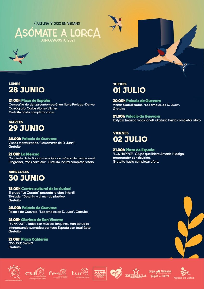 🗓 Comenzamos la semana con toda la programación de #AsómateALorca2021 hasta este viernes 2 de julio 

#CulturaSegura