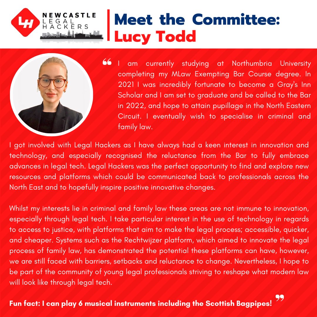 Meet the Committee series! This week we would like to introduce Lucy! 

Make sure to follow our Instagram and LinkedIn to stay up to date with all Newcastle Legal Hackers news!
