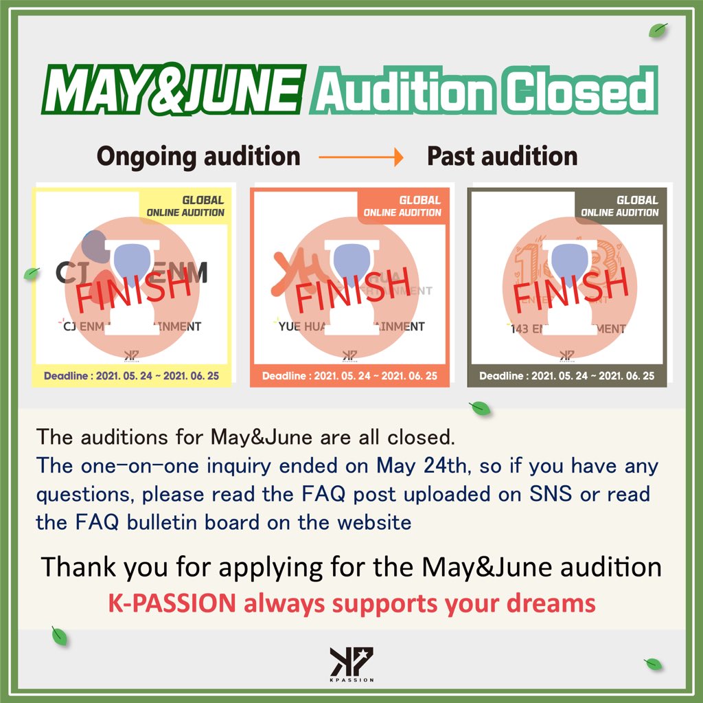 KPOPAUDITION1's tweet photo. [#KPASSION]
Thank you to everyone who participated in the May&amp;June audition and everyone who was interested in it.

We'll be back with more variety of auditions.

Thank you🥰

#Kpopaudition #Online
#Idol #Dancer
#CJenm #YUEHUA #143 https://t.co/TM3ZcfQv0d