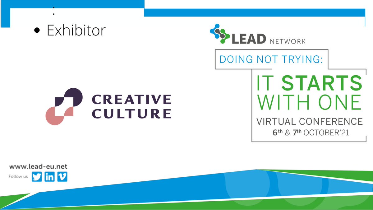 Lead_eu_net's tweet photo. A grand #thankyou to @ccultureint for exhibiting in our D&amp;I Marketplace at the @Lead_eu_net Virtual Conference 2021. 
Early bird rate: https://t.co/eYvZuLU4ko
#LEADNetwork21  #ItStartsWithOne #DoingNotTrying #GenderEquality #CreativeCulture #CreativeCultureInt #culturaldiversity https://t.co/pNq60M9pS4