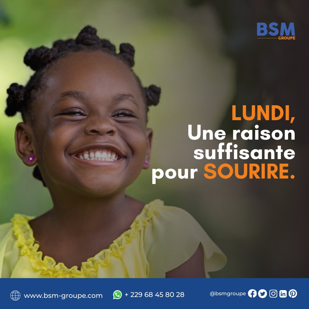 bsmgroupe's tweet photo. LUNDI, Une raison suffisante pour SOURIRE :)
____________________
Choisissez le Service de Communication de BSM groupe pour avoir de la visibilité sur vos programmes de Formation, vos annonces et vos Offres d'Emploi.

#bsmgroupe #bonlundi #semainedetravail #sourire #communication https://t.co/FeThKBVo4J