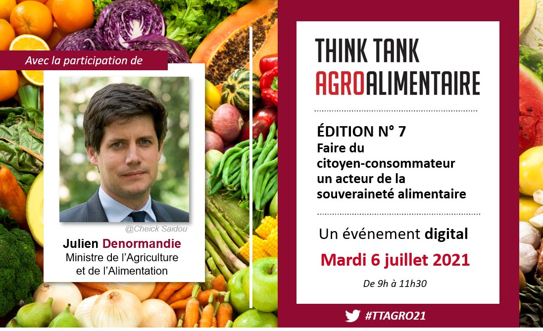 Assistez à la Restitution digitale du Think Tank Agroalimentaire. RDV Mardi 6 juillet 2021 dès 9h, en présence de <a href="/J_Denormandie/">Julien Denormandie</a>, Ministre de l’Agriculture et de l’Alimentation
Plus d'infos : bit.ly/RESTITTAGRO2021 
#TTAGRO21 #agroalimentaire #alimentation #agriculture