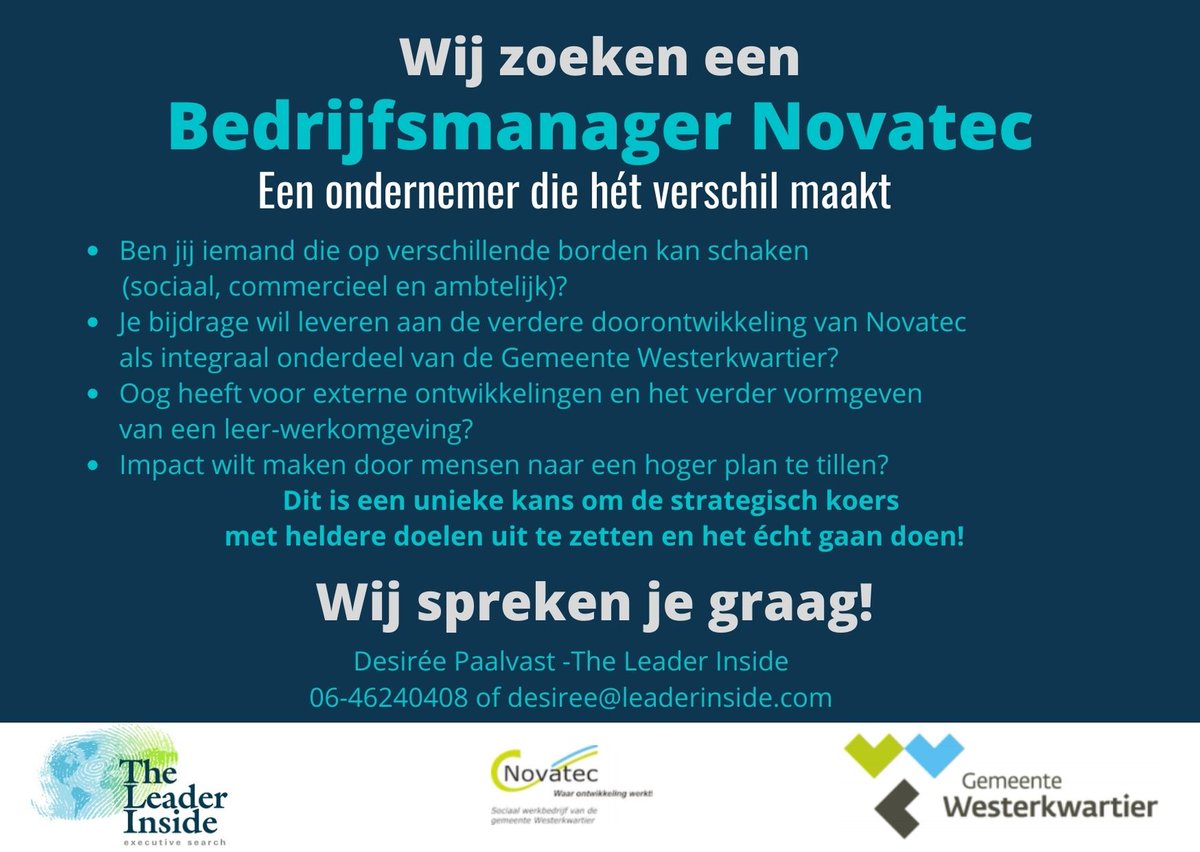 theleaderinside's tweet photo. Wij zoeken voor de @GemWkwartier een Bedrijfsmanager voor het #sociaalwerkbedrijf Novatec. Een unieke rol! #vacature #verschilmaken #bedrijfsvoering #organisatieontwikkeling #arbeidsontwikkeling #sociaaldomein #persoonlijkleiderschap https://t.co/U58Zp4rXqw