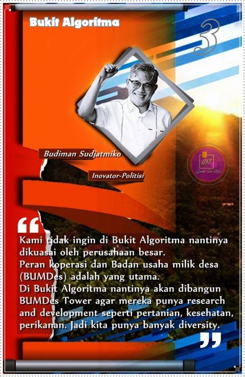 Bahkan sebagai sebuah ekosistem di #BukitAlgoritma para anak2 muda yg tertarik &amp; berpotensi mengembangkan ilmu pengetahuan &amp; minatnya dibidang teknologi digital bisa bergabung bersama2 membentuk komunitas &amp; berkolaborasi  menciptakan sesuatu yg berguna diera yg serba digital ini.