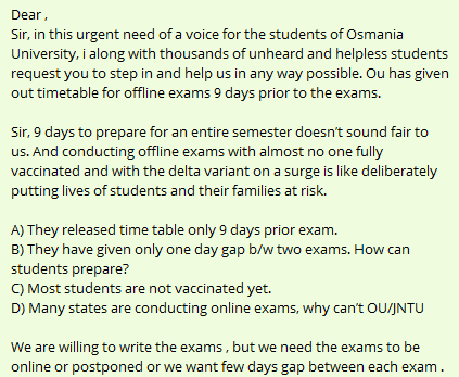 ManivardhanS1's tweet photo. #cancelTelanganaExams
#postponeTelanganaExams
#postponeOUexams
@KTRTRS    @TelanganaCMO  
@MinisterKTR 
@SabithaindraTRS 
@osmania1917 @revanth_anumula @timesofindia @NTVJustIn @BabuNuvuBtechAh @THHyderabad 
@SakshiNews_TV @etvtelangana 
@TelanganaToday  
@SonuSood @RaoKavitha https://t.co/GpLNwwP5sx