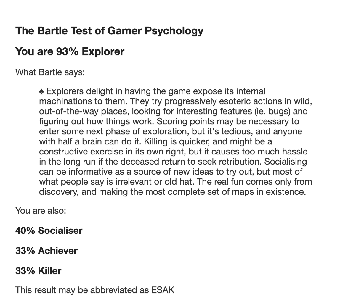 atlastalisman's tweet photo. I'm a 93% #Explorer! Take the Bartle Test https://t.co/je8pH48JiW 

#BartlesPlayerTypes #GameDesign #PlayerTypes #InteractionDesign #Geek #GameTheory https://t.co/SZPH7ZfdBr