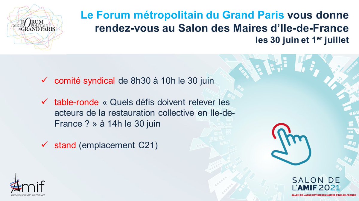Le Forum métropolitain sera présent au <a href="/salon_amif/">Salon de l'AMIF</a> ces 30 juin et 1er juillet au Parc des expositions de Villepinte. Venez rencontrer ses équipes et assister à la table-ronde sur la restauration collective qu'il organise.
forumgrandparis.fr/actualites-for…