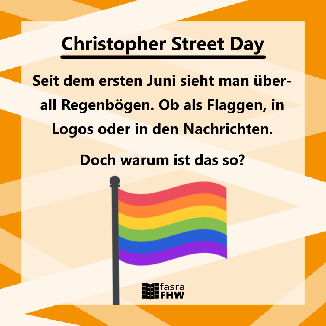 Heute vor 52 Jahren war der erste Christopher Street Day 🌈

Welche Bedeutung der CSD in der LSBTI*-Community hat und warum es auch heute noch wichtig ist, 🏳️‍🌈 zu zeigen, könnt ihr im Thread nachlesen.

♥️🧡💛💚💙💜

#lgbtq #queer #pride #csd #fasra #fhw #ovgu #magdeburg 

(1/10)