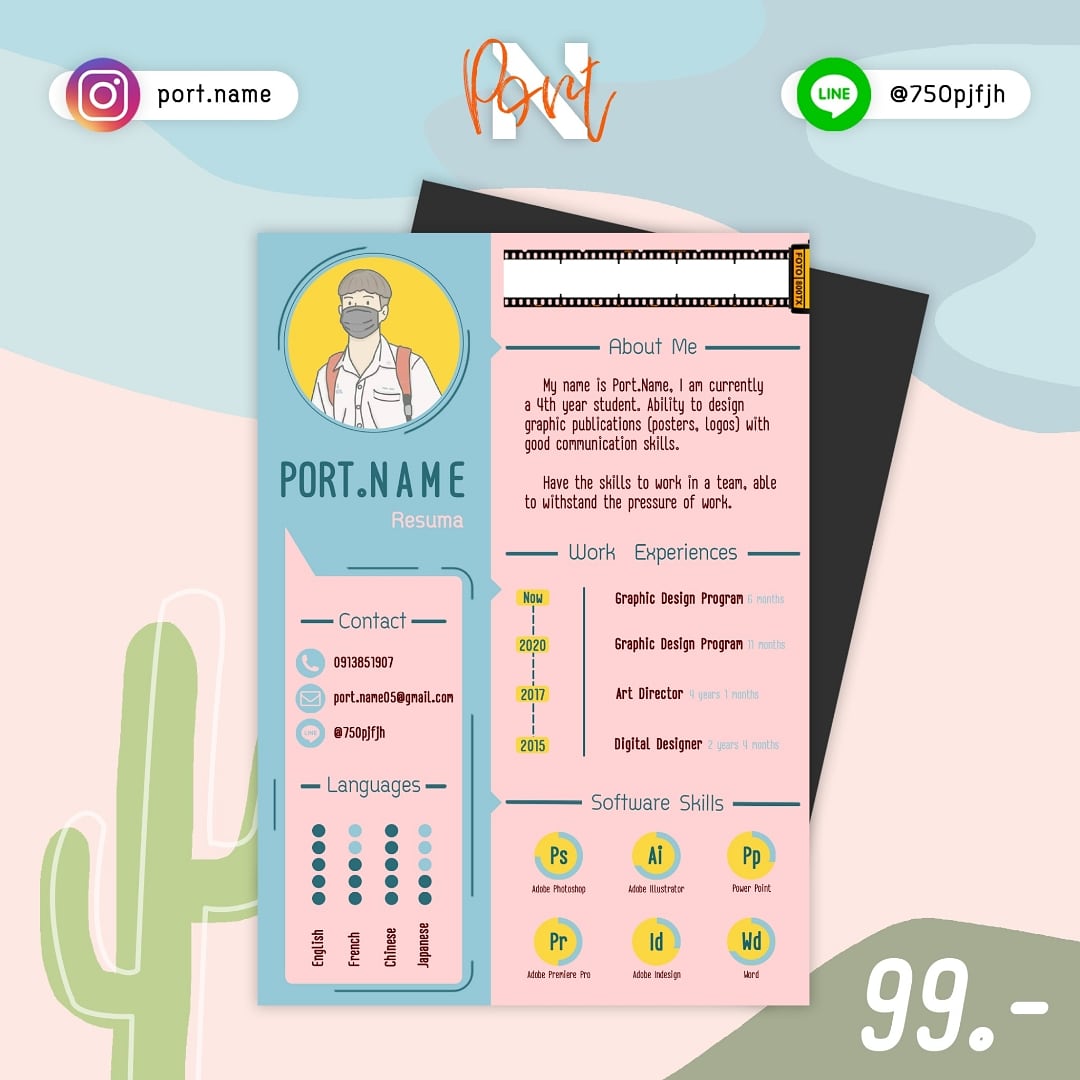 NamePort's tweet photo. เทรมเพลต Resume สุด Cute! 99.-
✏️ ใส่ข้อความ ใ��่รูปภาพได้เลย
✏️ เปลี่ยนโทนสีได้
✏️ เลือกสกุลไฟล์ได้ (JPG ,PSD)
✏️ รับออกแบบ Portfolio Resume อื่นๆ
เริ่มต้นเพียงหน้าละ 25 บาทเท่านั้น
สนใจติดต่องาน Line @ : @750pjfjh

#resume #รับออกแบบพอร์ต
#CV #ออกแบบเรซูเม่ #สมัครงาน https://t.co/bu4SOTmuuU