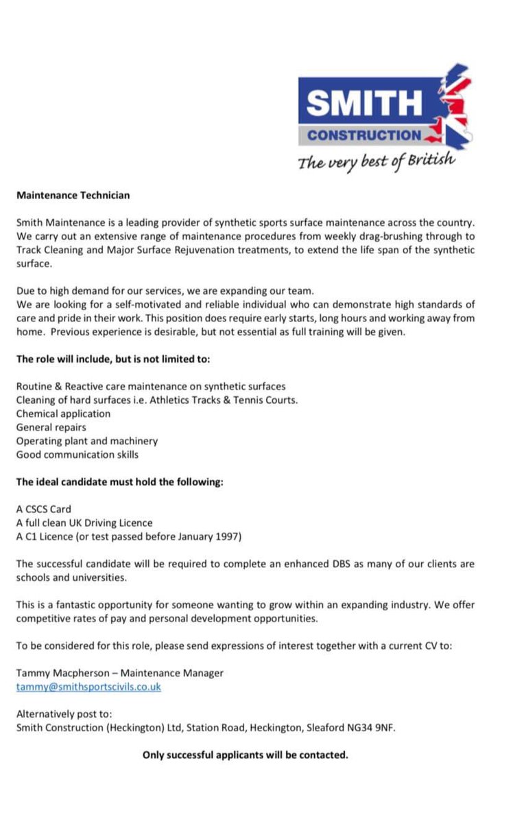 🚨 URGENT JOB ROLE 🚨

Smith Construction urgently require a Maintenance Technician!

Please email us: tammy@smithsportscivils.co.uk
with your CV and covering letter.
OR Call us on: 01529 461 500.

Click the link below to find out more.. ⬇️

smithsportscivils.co.uk/pdf_downloader…