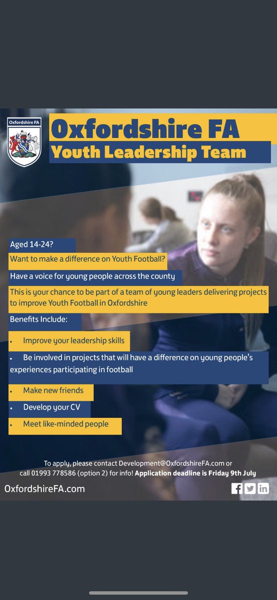 OFAYLT's tweet photo. ICYMI | We’re looking for young leaders to join our team! If you’re aged 14-24 and want to be part of making a difference on youth football in Oxfordshire, apply today! For more information and to apply, click here - https://t.co/xdhTOB7vl3 https://t.co/9nObvCHSGC