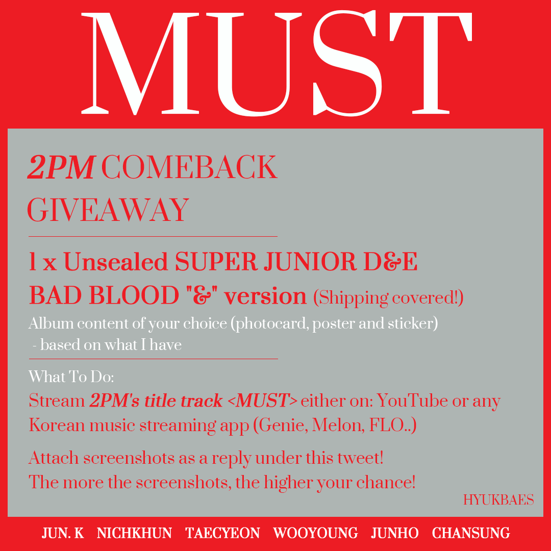 svtapollo's tweet photo. PLS RT 💖
☀️ GIVEAWAY for #2PM #MUST ☀️
🎁: #SuperJuniorDnE BAD BLOOD "&" ver.
📅: 06:28 ~ 07.16 (23:59 SGT)
🕑 Please read the details in the photo!
🔥 The more the screenshots, the more chances!
#투피엠
#해야해 #Makeit
#2PM_MUST_Comeback
#���름엔_뜨겁게_투피엠_해야_해 https://t.co/yEdW0DvToX