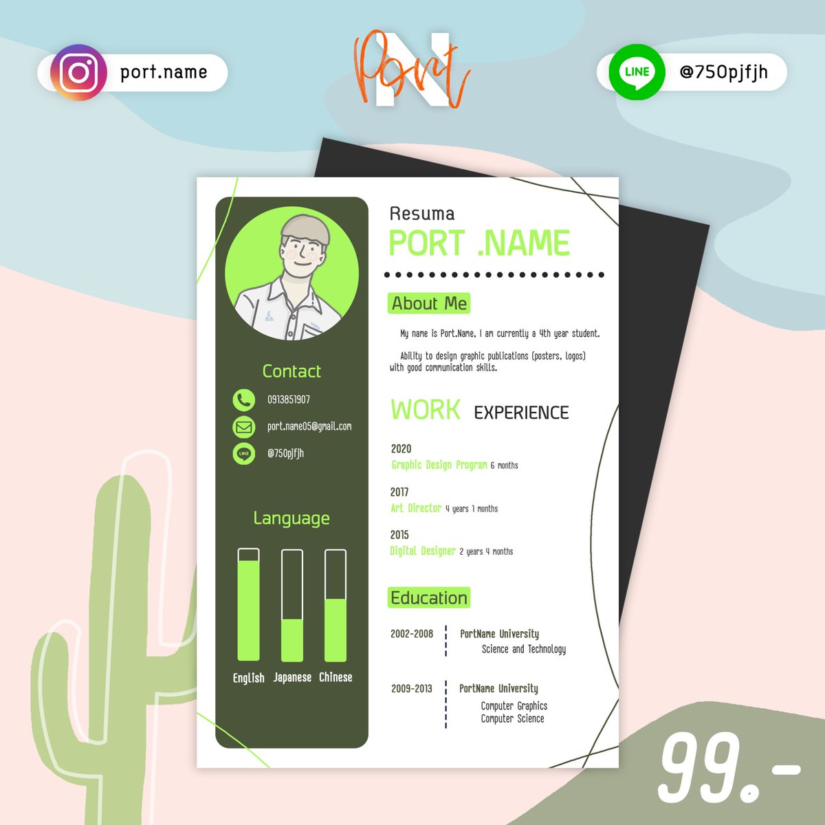 NamePort's tweet photo. เทรมเพลต Resume สุด Cute! 99.-
✏️ ใส่ข้อความ ใส่รูปภาพได้เลย
✏️ เปลี่ยนโทนสีได้
✏️ เลือกสกุลไฟล์ได้ (JPG ,PSD)
✏️ รับออก��บบ Portfolio Resume อื่นๆ
เริ่มต้นเพียงหน้าละ 25 บาทเท่านั้น
สนใจติดต่องาน Line @ : @750pjfjh

#resume #รับออกแบบพอร์ต
#CV #ออกแบบเรซูเม่ #สมัครงาน https://t.co/3Vpk0SllL6