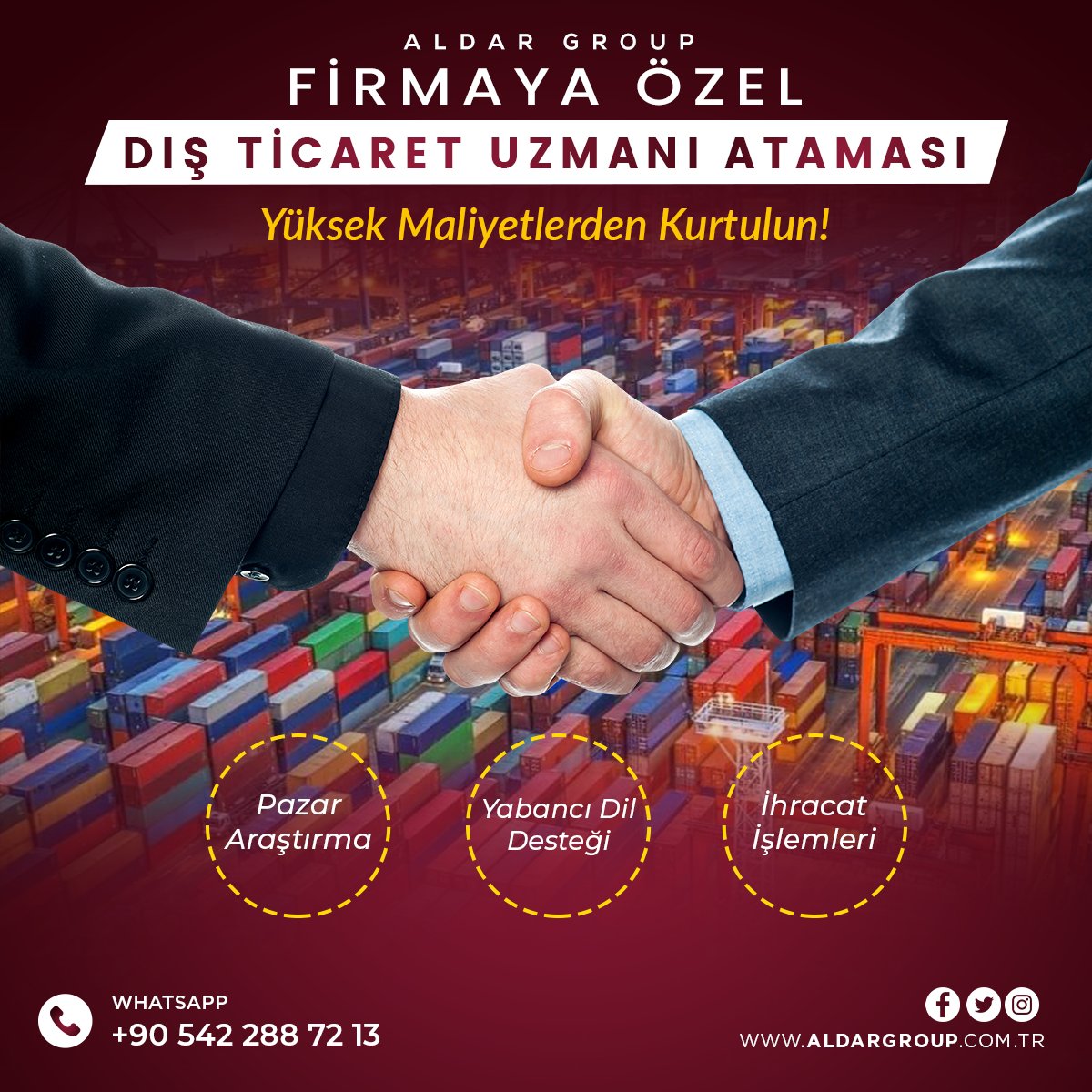 Dış ticarette 15 yılı aşkın tecrübemiz ve uygun fiyatlı  çözümlerimiz ile siz de ihracat yapabilirsiniz. Ayda 950 liradan başlayan fiyatlarla, ithalat/ihracat yönetimini firmanıza özel atadığımız uzman personel ile gerçekleştiriyoruz. 
aldargroup.com.tr/dis-ticaret-hi…
#dışticaret #ihracat
