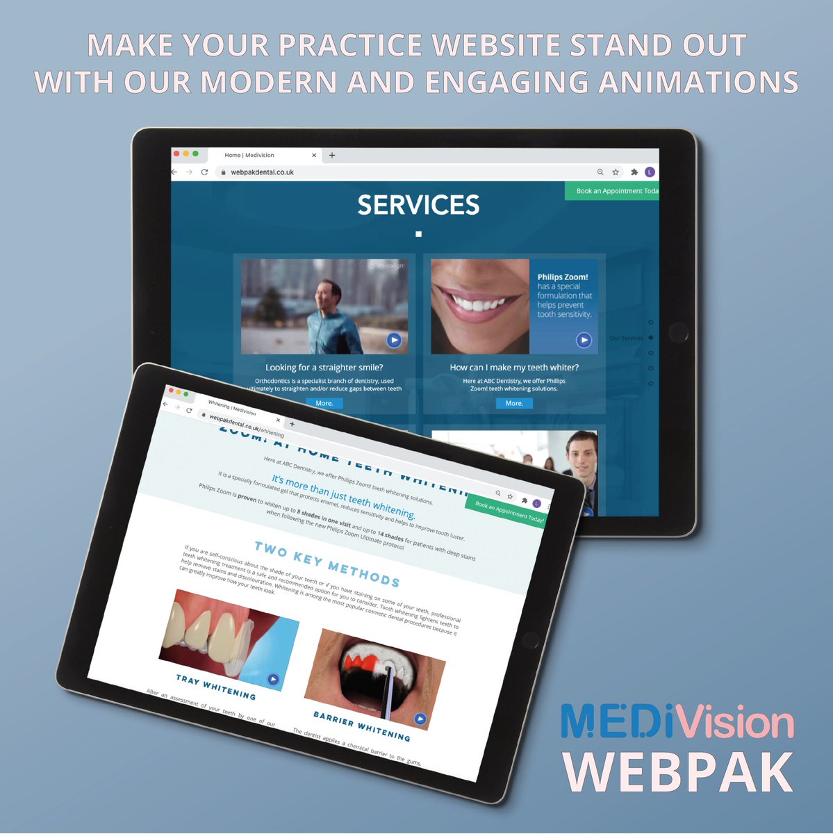 MAKE YOUR PRACTICE WEBSITE STAND OUT WITH OUR MODERN AND ENGAGING DENTAL ANIMATIONS 🌟

Find out more how we can help you and your practice via 🌐 medivision.co.uk