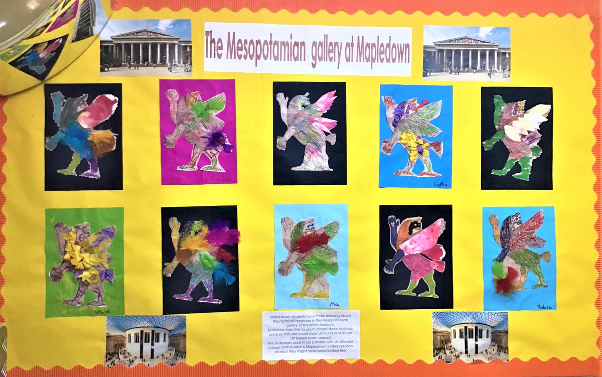 Mapledownschool's tweet photo. Mapledown has been working with Katharine from the British Museum on an art based project. Learning about the mythical creatures in the Mesopotamian gallery. The sculptures used to be painted so here is Mapledown’s interpretation of what they might have once looked like! Enjoy! https://t.co/zWqxRymPqN