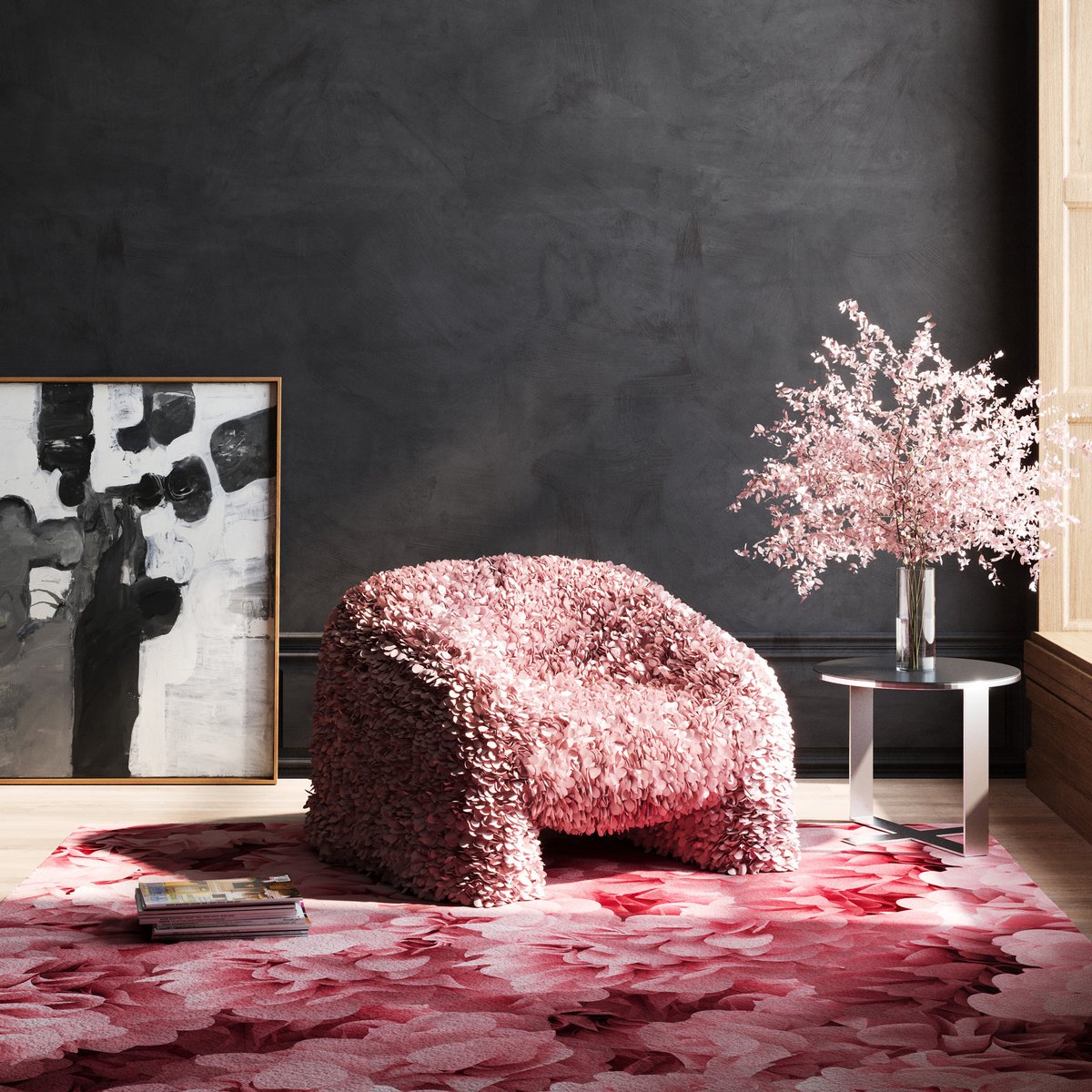 This striking scene features <a href="/moooi/">Moooi</a>'s new 'Hortensia' armchair and corresponding rug - available online now. bit.ly/3x5fHu0