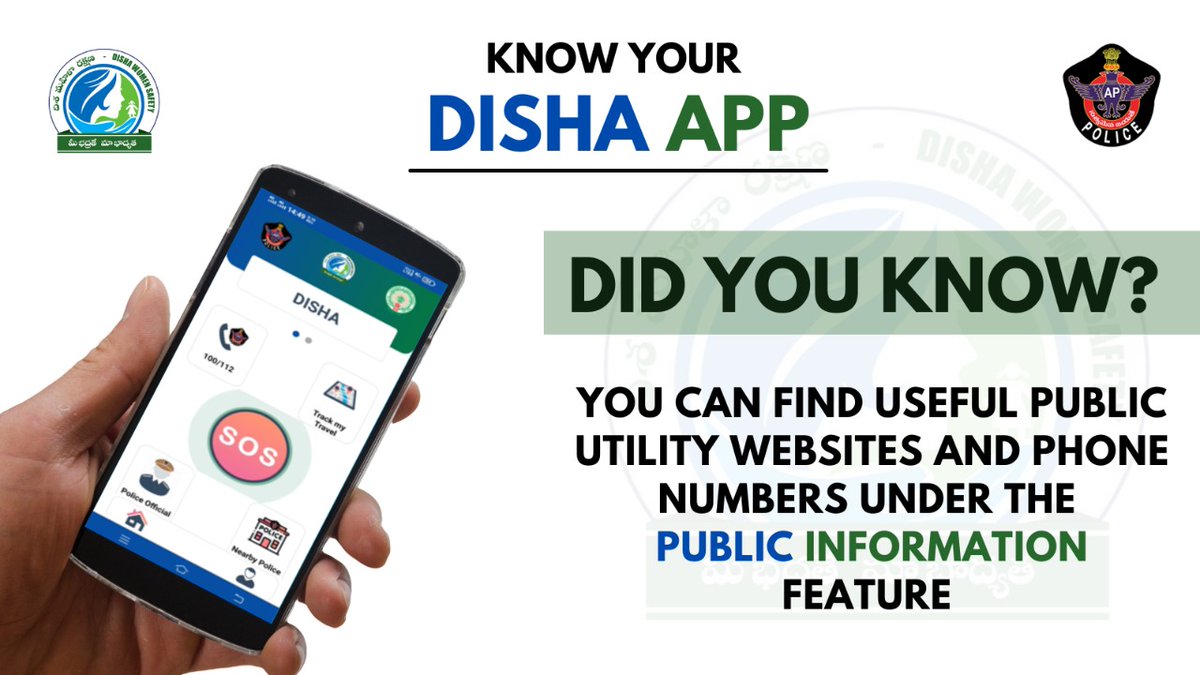 Know your #DishaApp: Find useful public utility websites & phone numbers like Disaster Management, #WomenHelpline, Earthquake, #Railway Enquiry, etc in one place under the Public Information Feature in your Disha App.

Download Disha App now: bit.ly/3y04Amr

#WomenSafety