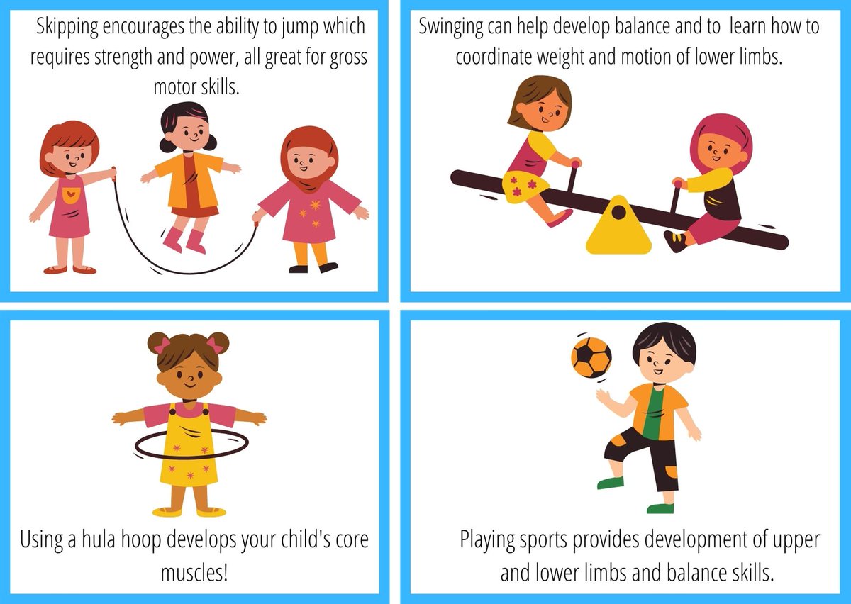 Gross motor skills involve the larger muscles of our arms, legs and trunk. It is important that we establish good gross motor and core stability skills before developing our fine motor skills😄

Please see our website for more activities; OTCYP.scot.nhs.uk