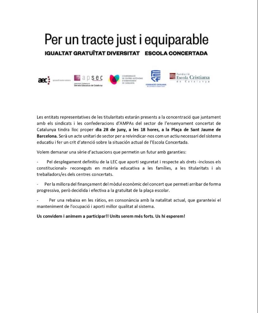 Avui a les 18:00 a la plaça Sant Jaume tindrà lloc una concentració unitària en defensa de l’escola concertada.
Perquè a Camp Joliu sempre defensem la llibertat de models educatius i perquè units serem més forts. 
#EstilCampJoliu