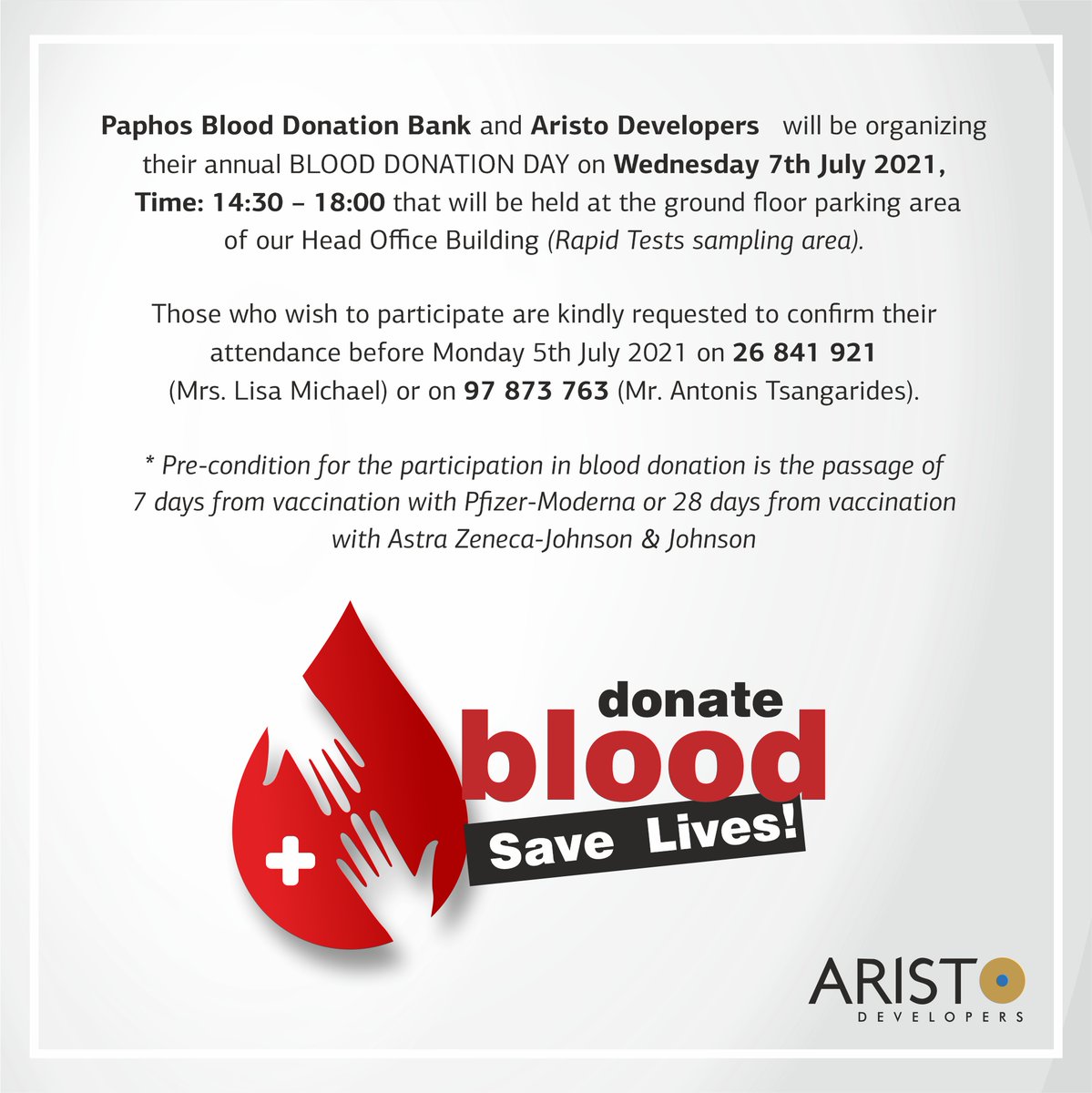 aristodev's tweet image. You are somebody’s type!

Bring a life back to power.

Make blood donation your responsibility!

𝗔𝗥𝗜𝗦𝗧𝗢 𝗗𝗘𝗩𝗘𝗟𝗢𝗣𝗘𝗥𝗦
LEADING THE CYPRUS PROPERTY MARKET
FOR 40+ YEARS