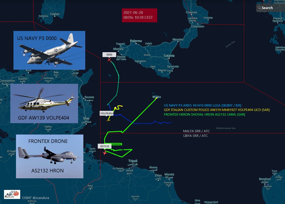 scandura's tweet photo. Today in area 🔢
2021-06-28
0839z ⏱️ 10:39 CEST

Med busy

🛩️US Navy⚓️🇺🇸 P3 Aries 161410 (0000), Souda based, over Strait of Sicily

🚁 GDF 🇮🇹 AW139 #MM81927 #VOLPE404 off #Lampedusa

🛩️ Frontex drone🇪🇺 #AS2132 Heron Shoval, Libyan SRR

#migrants #Libya #migranti #Libia #Tunisia https://t.co/3D5g4RxiEU