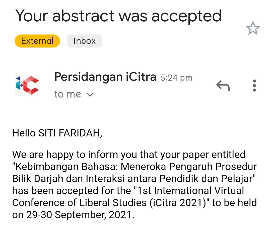 chiyoarwen's tweet photo. Lesson learned from sending an abstract to UKM: send a manuscript in BM first, then attach with the English one! 😂

Anyway, I'm just happy it has been accepted. Lama peram artikel yang ni. Baru sampai seru nak hantar 😅

#Publication2021
#LanguageAnxiety https://t.co/P82RcmeZul