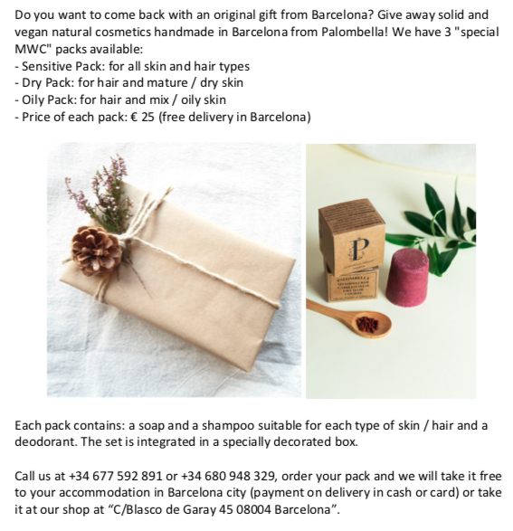 EsPalombella's tweet photo. If you are visiting #MWC21 at @MWCapital @MWCHub @GSMA @Fira_Barcelona sure you are interested in this offer : a handcraft gift from Barcelona! Natural Cosmetics. Free delivery in you accomodation in Barcelona (pay on delivery with cash or card). https://t.co/1KUwIGXF2K