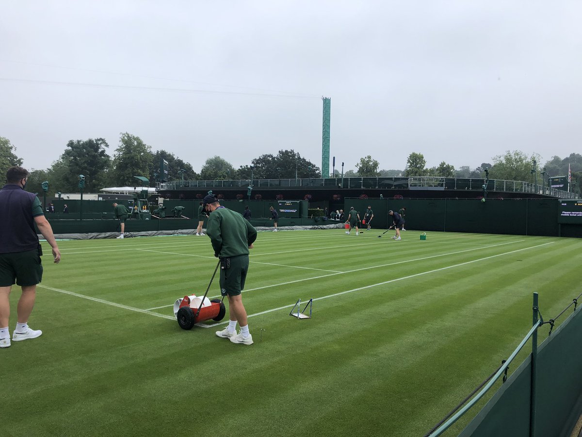 AELTCGroundsman's tweet photo. Not the weather we wanted to start day 1 but the team have done amazing work getting courts mown and marked in preparation for play #teamworkmakesthedreamwork https://t.co/DHCvxD3wBO