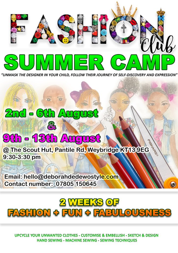 FashionDSClub's tweet photo. COST:  £60 per day - Please book &amp; pay by 16th July. 
EARLY BIRD OFFER - £50 per day if booked before 2nd July. 
AGE:  7+
#summercamp #surreysummercamp #fashionclub #fashion #kids #recycledfashion #recycledclothing #creativekids #surrey #surreyschools #weybridge #waltononthames https://t.co/0xbRfZ3Lmj