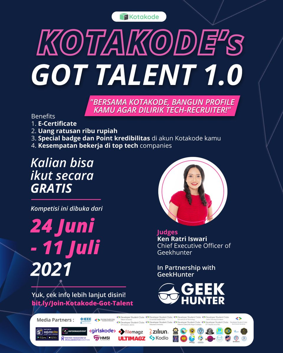 Ikuti Kotakode’s Got Talent 1.0 dan tunjukkan skill, pengalaman, ataupun pencapaian lainnya seputar dunia teknologi di profile Kotakode.com kamu, dan dapatkan berbagai hadiah menarik!

Informasi lebih lanjut bisa kalian cek di link ini:
bit.ly/Join-Kotakode-…