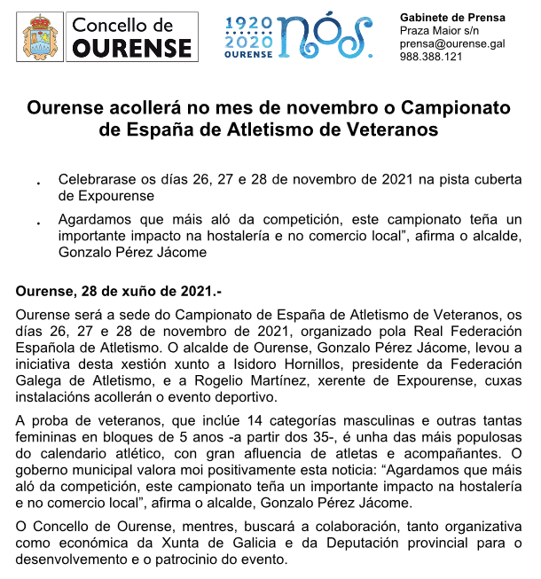 Ourense acollerá no mes de novembro o Campionato de España de Atletismo de Máster @rfea en pista cuberta.

🔷Celebrarase os días 26, 27 e 28 de novembro de 2021 na instalacións de <a href="/Expourense/">EXPOURENSE</a>.

<a href="/OurenseConcello/">Concello de Ourense</a> 
<a href="/atletismogalego/">Atletismo Galego</a> 
<a href="/masteratletismo/">Atletismo Master RFEA</a>