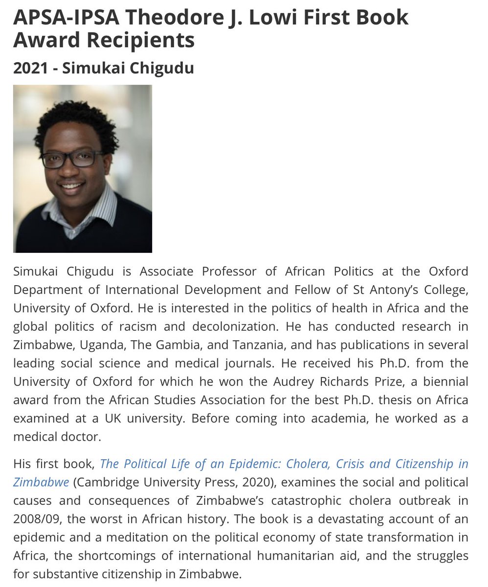 SimuChigudu's tweet photo. 🤯honoured & shocked to win the 2021 Lowi Award from @APSAtweets for a first book in any field of political science "that exemplifies qualities of broad ambition, high originality, and intellectual daring, showing promise of having a substantive impact on the overall discipline." https://t.co/SN9pa2cKfR