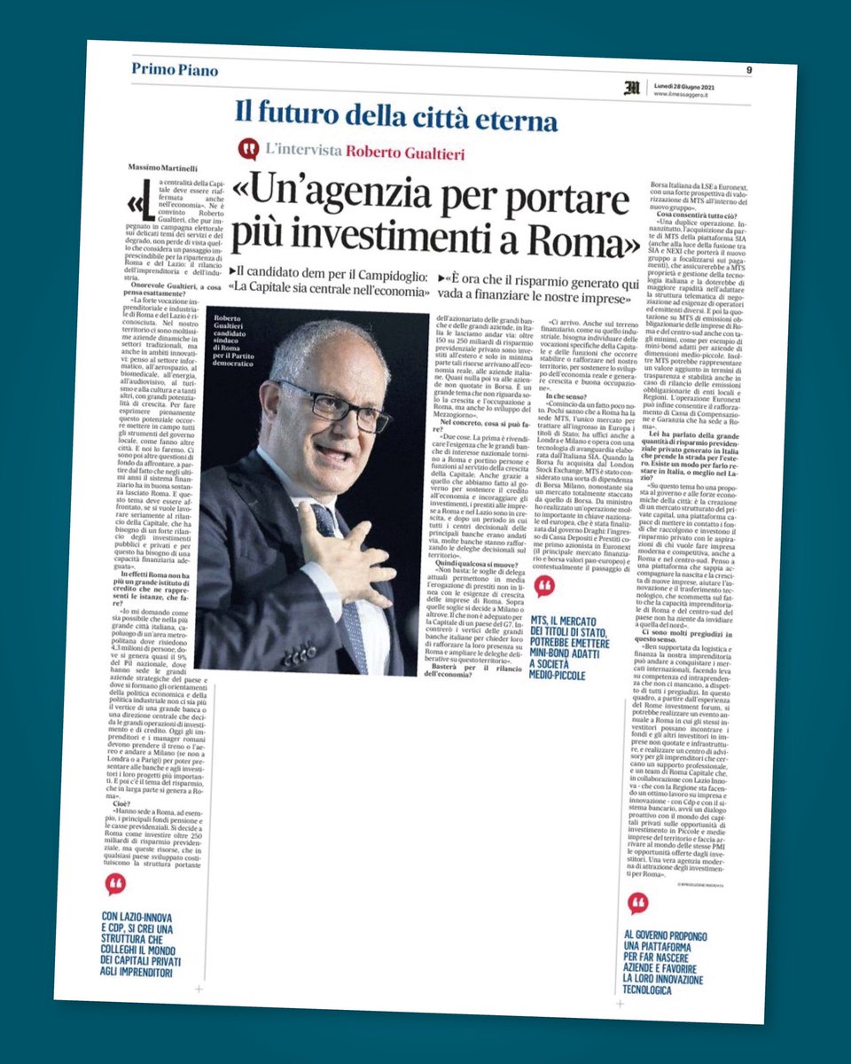 gualtierieurope's tweet photo. #Roma può e deve tornare protagonista anche nell’economia del Paese. Per generare sviluppo, lavoro e opportunità per tutti e tutte.
Leggi la mia intervista di oggi a Il Messaggero.

https://t.co/CMTzAPl27P https://t.co/DvaVcvXGZr
