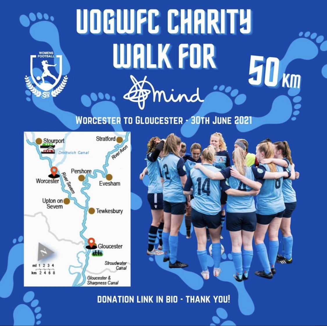 In under just 48 hours our girls will be embarking on their 50KM walk from Worcester to Gloucester!🚶🏼‍♀️👣

Any donations much appreciated! 

Link in bio💙 
#UOGWFCharity #Walk #UOGWFC #UOG #UOGSport