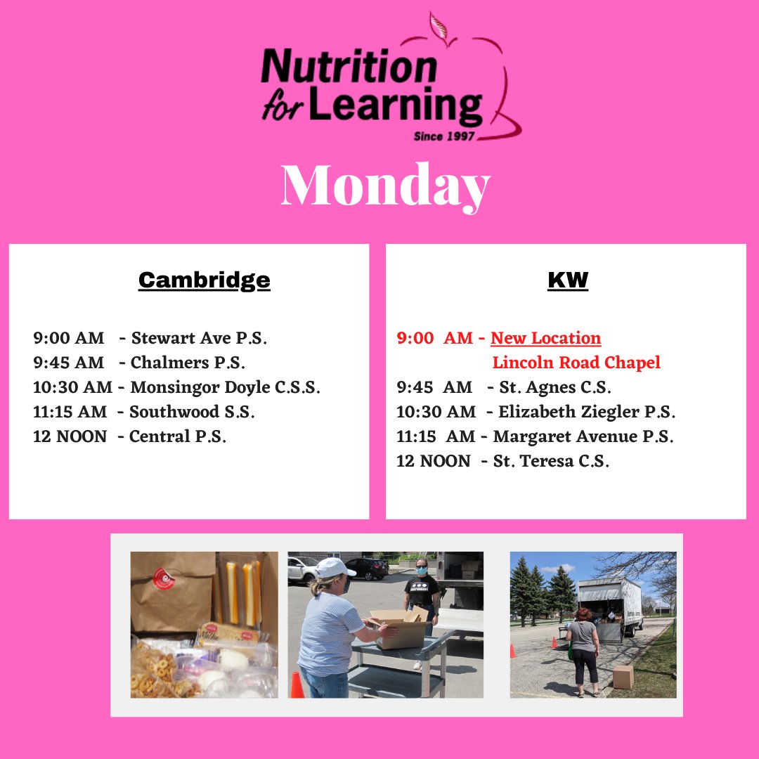 Nutrition4Learn's tweet photo. Here is the list of locations &amp; times for our Community Nutrition Programs today. Reminder - you DO NOT have to register &amp; you do not have to be attending the school locations, everyone is welcome https://t.co/IBKWscxYfN
#studentnutrition #inthistogether #CommunityNutrition https://t.co/wxSjqfh63p