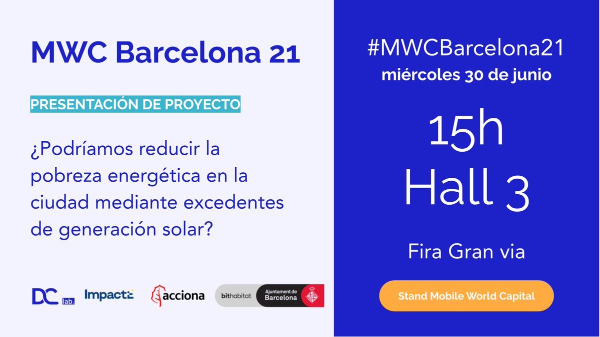 DataCity Lab (@datacitylab) on Twitter photo El miércoles estaremos en el #MobileWorldCongress21 para presentar los primeros resultados del reto de #pobrezaenergética con <a href="/BCN_digital/">BCN Ciutat Digital</a> <a href="/Imnovation/">ACCIONA I'MNOVATION</a> <a href="/urbanimpacte/">ImpactE</a>
¡Vente a vernos!
🗓️ miércoles 30 de junio
🕒 15.00
📍 Hall 3 - Stand Mobile World Capital
#Agenda2030 #ODS El miércoles estaremos en el #MobileWorldCongress21 para presentar los primeros resultados del reto de #pobrezaenergética con <a href="/BCN_digital/">BCN Ciutat Digital</a> <a href="/Imnovation/">ACCIONA I'MNOVATION</a> <a href="/urbanimpacte/">ImpactE</a>
¡Vente a vernos!
🗓️ miércoles 30 de junio
🕒 15.00
📍 Hall 3 - Stand Mobile World Capital
#Agenda2030 #ODS