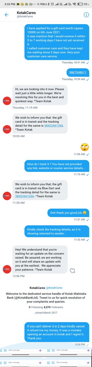 trivedimanthan's tweet photo. @KotakCares It took 6 working days just to give me an unchecked tracking number. I had to ask them which courier service was used. 
That to I think they did not check Cause when I did it's showing me returned to origin as sender request.🙄😒Unacceptable services by @KotakBankLtd https://t.co/b63QqWzTRQ