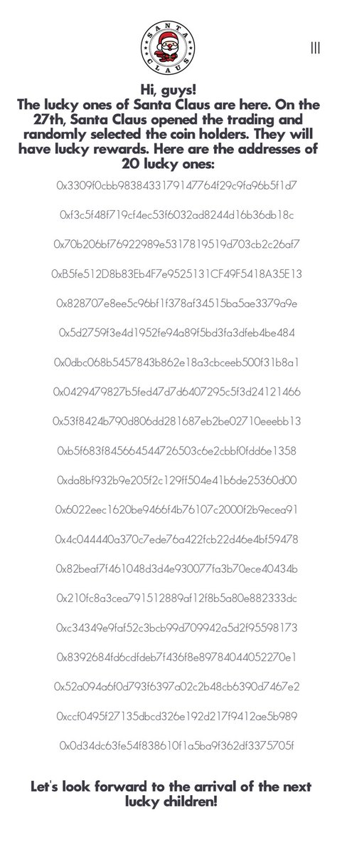 SantaClausscc's tweet photo. 😘😘😘Here are the addresses of 20 lucky ones.🥰🥰🥰Let's look forward to the arrival of the next lucky children!↗️
#Coin98 #BinanceSmartChain  #DeFi #BNB  $BNB #Binance https://t.co/JsuJoduvmf