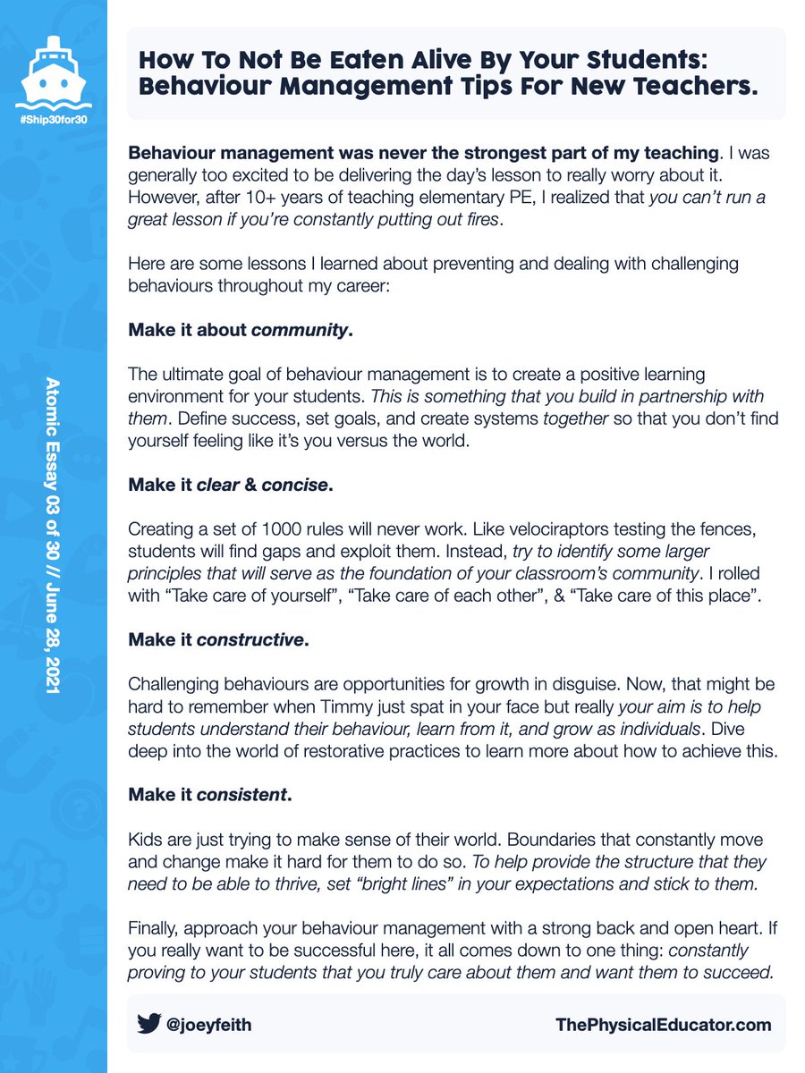 😬Behaviour management can be intimidating, especially for new teachers. 

🍽 When I first started teaching #physed, I was terrified that my students were going to eat me alive.

👇 In today's Atomic Essay, I put together some tips that I've learned along the way! #Ship30for30