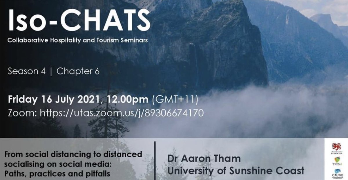 ⭐️ Save the date for our next IsoCHAT! 

Please join us July 16th at 12pm AEST when <a href="/Aaron_Tham/">Aaron Tham</a> will present: 

‘From Social Distancing to Distanced Socialising on Social Media - Paths, Practices &amp; Pitfalls.’

All welcome: utas.zoom.us/j/89306674170 

<a href="/UTAS_/">University of Tasmania</a> <a href="/drtamarayoung/">A/Prof Tamara Young</a> <a href="/cauthe1/">CAUTHE</a>