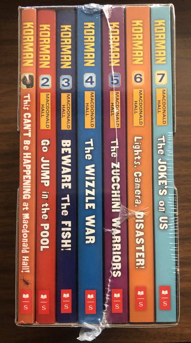Theamelpos's tweet photo. #GordonKormanBookCovers no. 59: How cool is this: a box set of @gordonkorman's full #MACDONALDHALL series!?! Officially released as "The Complete Set," it was a bargain when available: All 7 books plus slipcase retailed for CAN$45. (7 books separately cost CAN$63.) #BrunoAndBoots https://t.co/2Ia1PisU3Y