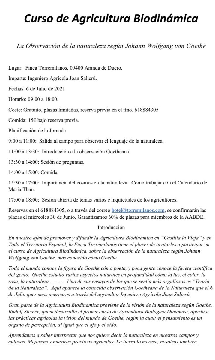 Finca Torremilanos (@torremilanos) on Twitter photo El próximo 6 de Julio Joan Salicrú impartirá un curso de agricultura biodinámica en Finca Torremilanos
El curso será gratuito pero las plazas son limitadas. En caso de estar interesado en asistir reservar vuestra plaza en el teléfono 618844305 o correo a hotel@torremilanos.com El próximo 6 de Julio Joan Salicrú impartirá un curso de agricultura biodinámica en Finca Torremilanos
El curso será gratuito pero las plazas son limitadas. En caso de estar interesado en asistir reservar vuestra plaza en el teléfono 618844305 o correo a hotel@torremilanos.com