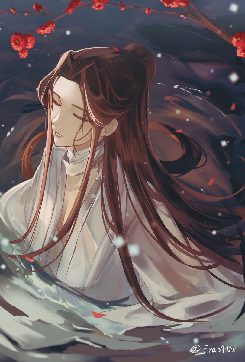 1boy male focus long hair solo flower closed eyes chinese clothes  illustration images