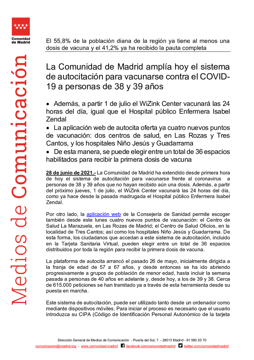 SaludMadrid's tweet photo. La @ComunidadMadrid amplía hoy el sistema de autocitación para vacunarse contra el #Covid_19 a personas de 38 y 39 años

#coronavirusmadrid #madrid #VacunasCOVID19 https://t.co/e5yI6VxjG2