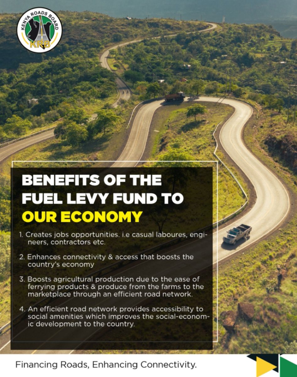 KRB_Kenya's tweet photo. Our mandate is to oversee the road network in Kenya and coordinate the maintenance, rehabilitation and development using Road Maintenance Levy Fund (RMLF).
#KRB #YourFuelLevyAtWork #FinancingRoadsEnhancingConnectivity https://t.co/uABUnZu1QI