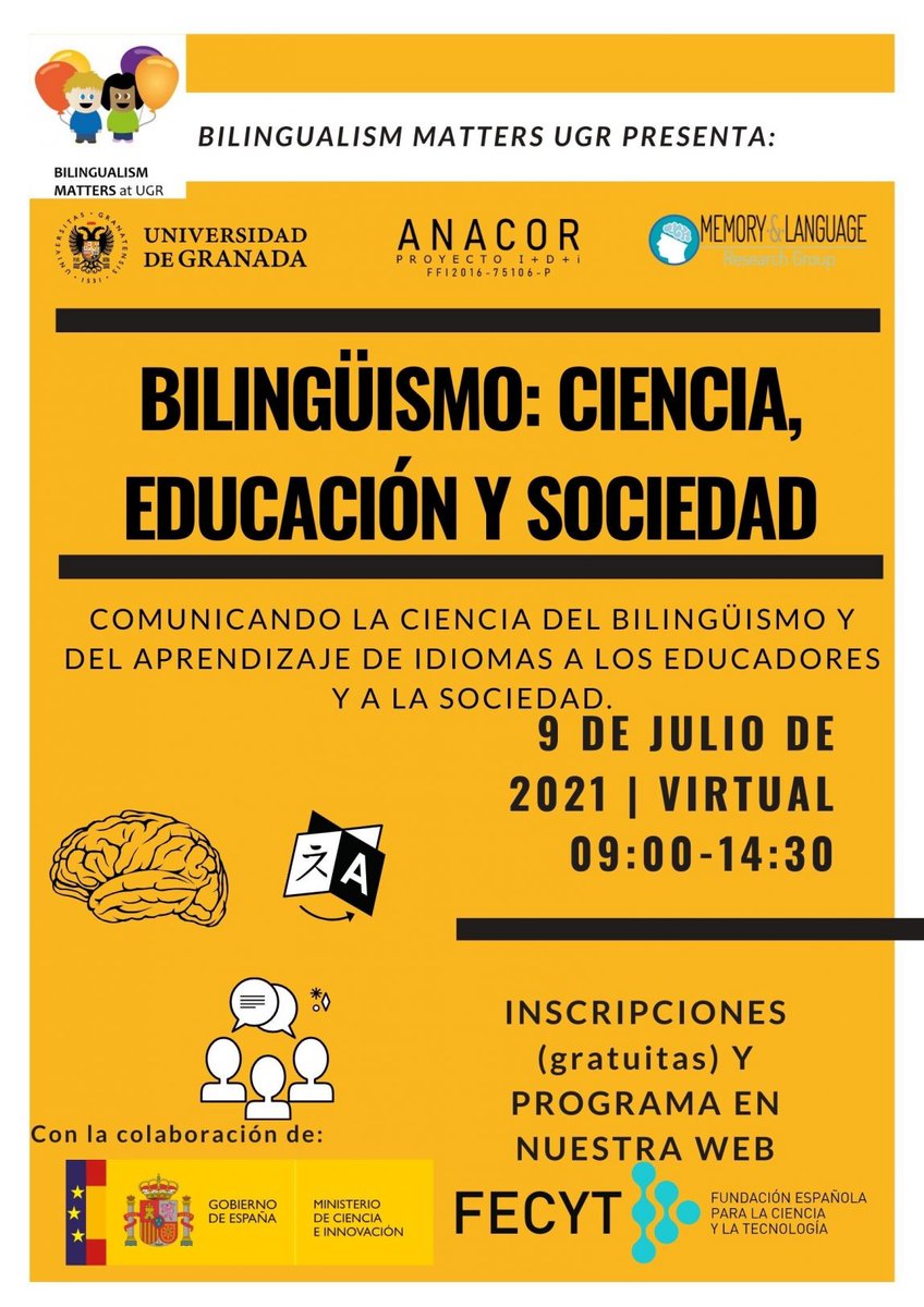 La semana que viene tendrá lugar el evento "Bilingüismo: Ciencia, Educación y Sociedad" destinado especialmente a educadores y personas interesadas en la educación bilingüe. Más información e inscripciones en nuestra web: wpd.ugr.es/~bilingualismm…